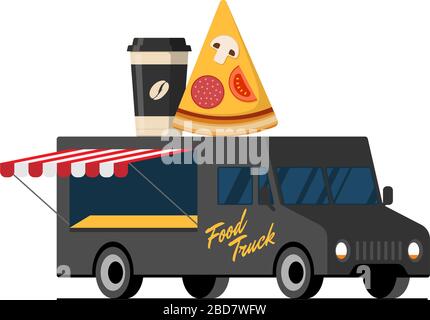 Fast food black pizzeria cooking truck. Pizza slice and coffee paper cup on van roof. Eatery car delivery service or festival on street cuisine wheels vector flat isolated eps illustration Stock Vector