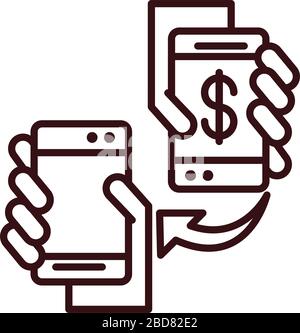 hands with smartphones devices transfer money shopping or payment mobile banking vector illustration line style icon Stock Vector