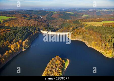 , Ennepetal lock surrounded by autumnal forest, 28.10.2014, aerial view, Germany, North Rhine-Westphalia, Bergisches Land, Breckerfeld Stock Photo
