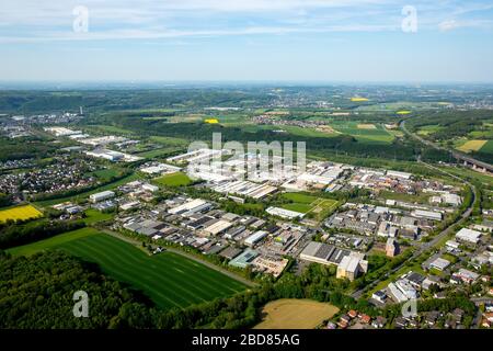 , Industrial area and company premises in Hagen-Lennetal, 09.05.2016, aerial view, Germany, North Rhine-Westphalia, Ruhr Area, Hagen Stock Photo