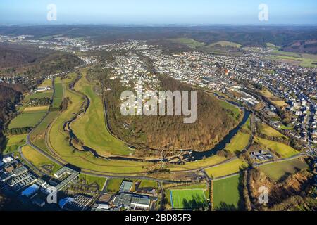 , river bend in Arnsberg with Eichholz forest, 02.02.2014, aerial view, Germany, North Rhine-Westphalia, Sauerland, Arnsberg Stock Photo