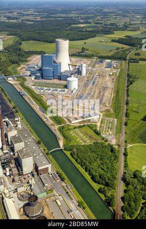 , Construction stop site of new coal-fired power plant dates on the Dortmund-Ems Canal, 31.05.2014, aerial view, Germany, North Rhine-Westphalia, Ruhr Area, Datteln Stock Photo
