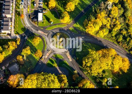 , roundabout of Dilldorfer Street in an autumnal forest in Kupferdreh, 23.10.2015, aerial view, Germany, North Rhine-Westphalia, Ruhr Area, Essen Stock Photo