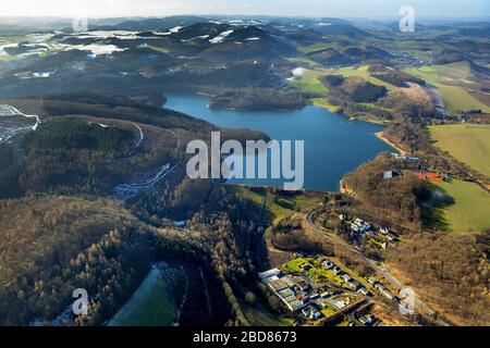 , Lake Hennesee at the Hennedam near Meschede in sunlight, 02.02.2014, aerial view, Germany, North Rhine-Westphalia, Sauerland, Meschede Stock Photo