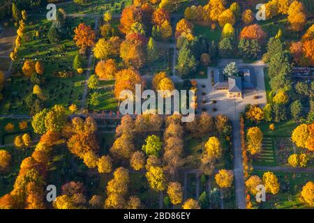 , autumnal grounds of the cemetery Rentfort in Gladbeck, 26.10.2015, aerial view, Germany, North Rhine-Westphalia, Ruhr Area, Gladbeck Stock Photo