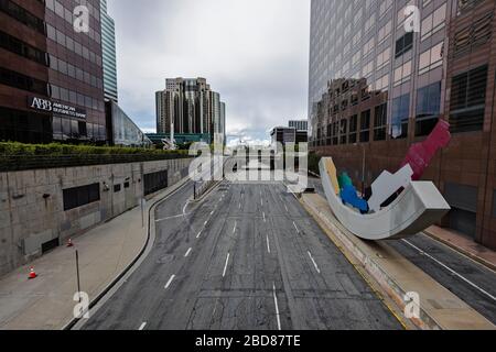 Los Angeles, USA. 07th Apr, 2020. Downtown traffic is still very light due to 'stay at home' orders by city officials. 4/7/2020 Downtown, Los Angeles, CA USA (Photo by Ted Soqui/SIPA USA) Credit: Sipa USA/Alamy Live News Stock Photo