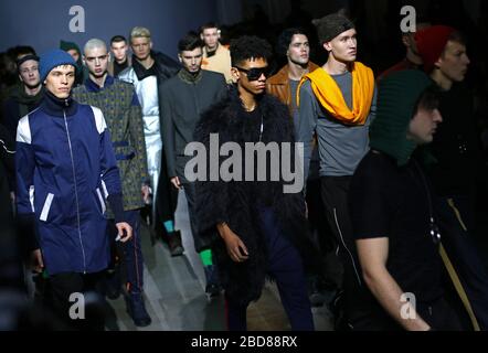 KYIV, UKRAINE - FEBRUARY 4, 2019: Models present a creation by designer SONYA MONINA during the 44th Ukrainian Fashion Week season Fall/Winter 2019/20 at Mystetskyi Arsenal in Kyiv, Ukraine Stock Photo