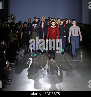 KYIV, UKRAINE - FEBRUARY 4, 2019: Models present a creation by designer SONYA MONINA during the 44th Ukrainian Fashion Week season Fall/Winter 2019/20 at Mystetskyi Arsenal in Kyiv, Ukraine Stock Photo