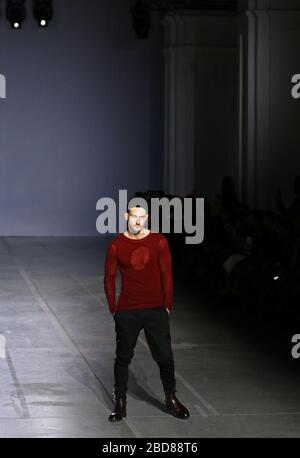 KYIV, UKRAINE - FEBRUARY 4, 2019: Model presents a creation by designer SONYA MONINA during the 44th Ukrainian Fashion Week season Fall/Winter 2019/20 at Mystetskyi Arsenal in Kyiv, Ukraine Stock Photo