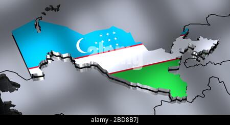 Uzbekistan - borders and flag - 3D illustration Stock Photo