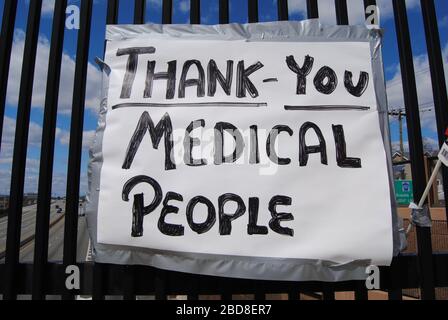 Rutherford, New Jersey / USA - April 01 2020: A handmade sign thanking medical people amid the novel coronavirus (COVID-19) pandemic. Stock Photo
