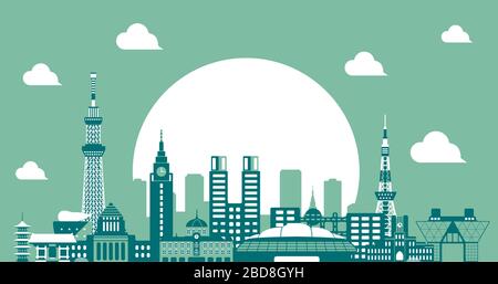 Tokyo skyline flat vector illustration. Tokyo landmark buildings / 2 tone color Stock Vector