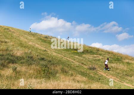 Northala Fields, Northolt, consist of  fishing lakes and four artificial hills standing next to the A40 Western Avenue Stock Photo