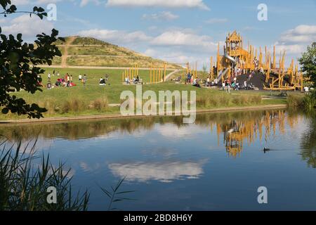 Northala Fields, Northolt, consist of  fishing lakes and four artificial hills standing next to the A40 Western Avenue Stock Photo