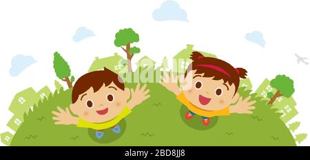 Kids (children / boy and girl) looking up into the sky (bird's eye view). Vector cartoon illustration. Stock Vector