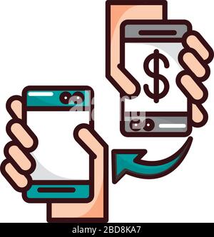 hands with smartphones devices transfer money shopping or payment mobile banking vector illustration line and fill icon Stock Vector