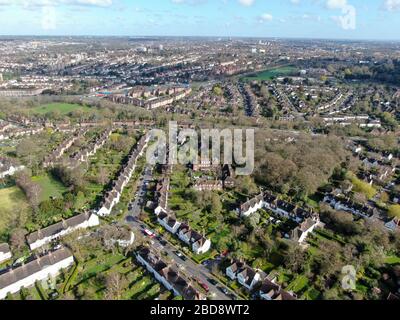 Aerial view of Hampstead Garden Suburb and typical house cottage, an elevated suburb of London. Stock Photo