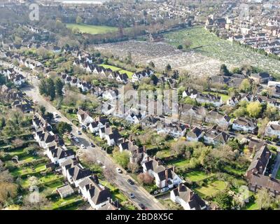 Aerial view of Hampstead Garden Suburb and typical house cottage, an elevated suburb of London. Stock Photo