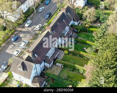 Aerial view of Hampstead Garden Suburb and typical house cottage, an elevated suburb of London. Stock Photo