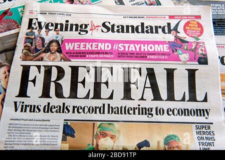 Evening Standard newspaper headlines Free Fall headline as virus deals record battering to economy during Coronavirus crisis. London, England, Britain Stock Photo