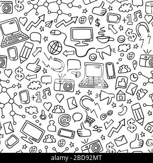 Social media doodles seamless pattern. Computer technology hand drawn background. Vector illustration. Stock Vector