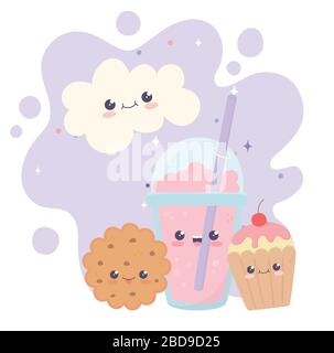 cute milkshake cookie cupcake cloud kawaii cartoon character vector illustration Stock Vector