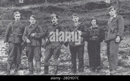 'Slovenščina: Štab 2. bataljona Gradnikove brigade na Stari Oselici oktobra 1944. Z desne proti levi Štefan Šček (bataljonski kronist), Valerija Lenarčič (sekretarka SKOJ), Alojz Tomšič ( politični komisar), Silvo Koler (pomočnik političnega komisarja) in Mihajlo Zubenica (komandant); October 1944; Book Gradnikova brigada. Petelin,  Stanko. Nova Gorica, Soča, 1966.; Unknown author; '