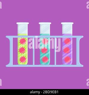 Three test tubes in a rack. The glasses contain samples with viruses in different solutions. Stock Vector