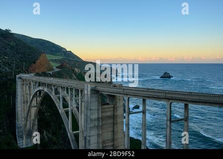 Bixby Bridge with Pacific Ocean at Morning along Big Sur Stock Photo
