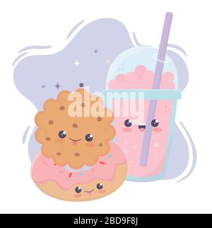 cute milkshake cookie and donut kawaii cartoon character vector illustration Stock Vector