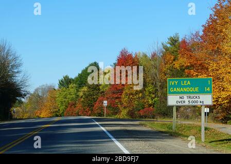 Ontario, Canada - October 28, 2019 - The view of the road towards Ivy Lea and Gananoque with striking fall foliage Stock Photo