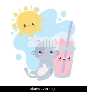 cute cat with milkshake sun kawaii cartoon character vector illustration Stock Vector