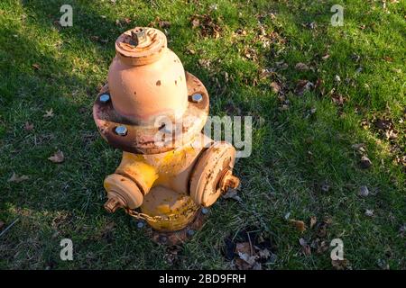 High angle view of rustic fire hydrant on a sunny day. Stock Photo