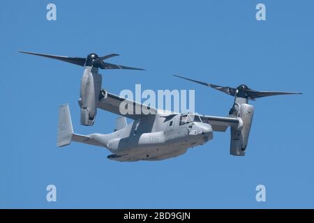 Boeing V-22 Osprey Tilt Rotor aircraft for the U.S. Marines against a blue sky rotors up Stock Photo