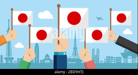People holding the national flag in hand , vector banner illustration / Japan Stock Vector