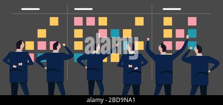 Employee businessman looking together at sticky notes planning concept of scrum agile in business Stock Vector