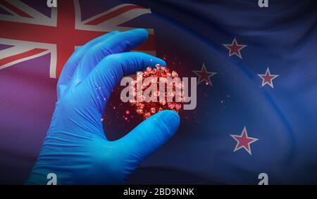 A hand in a medical glove holds a molecule, medical science concept, on background flag of New Zealand. 3D illustration. Stock Photo