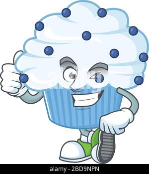 Mascot design style of vanilla blue cupcake showing Thumbs up finger Stock Vector