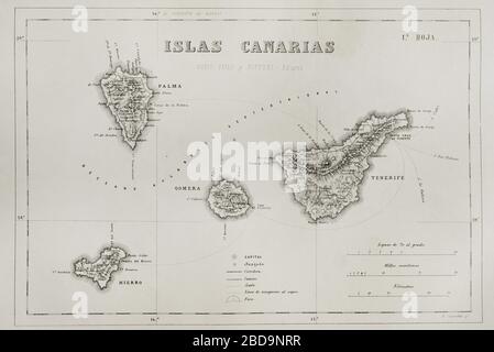 España. Mapa de las Islas Canarias. La Gomera, La Palma, Hierro y Tenerife. Crónica General de España, Historia Ilustrada y Descriptiva de sus Provincias. Canarias, 1871. Stock Photo