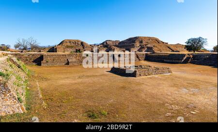 Panorama of major pyramids and square of the South Platform in the zapotec site of Monte Alban, Oaxaca, Mexico. Stock Photo
