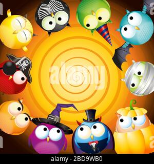 Halloween poster template with colorful cute owls Stock Photo