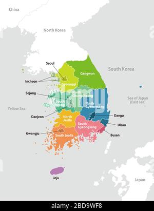 South korea administrative divisions map / English Stock Vector