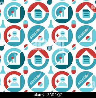 Medicine geometry pattern. Doctor, test tubes, tablets in a circles. Seamless medical theme. Vector illustration. Stock Vector