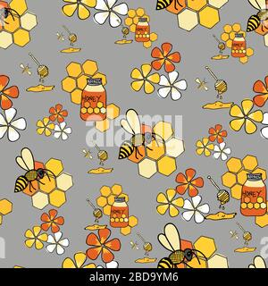 Active Bees seamless vector pattern on gray background surface pattern design Stock Vector