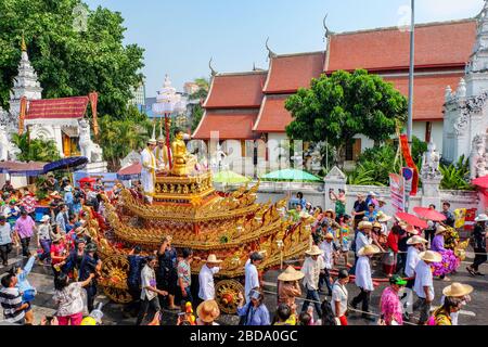 Chiang Mai, Thailand - April 13, 2018. Buddha images are washed during the Songkran parade. Stock Photo