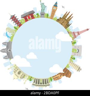 world travel circular vector illustration ( world famous buildings / world heritage ) / blue blank space in the center Stock Vector