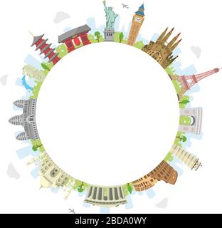 world travel circular vector illustration ( world famous buildings / world heritage ) / Blank text space in the center Stock Vector