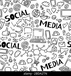 Social media doodles seamless pattern with text elements. Computer  technology hand drawn background. Vector illustration Stock Vector Image &  Art - Alamy