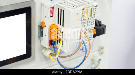 fieldbus coupler is for use for a small data width in the process image to digital process data. ; digital engineering background Stock Photo