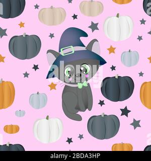Halloween seamless pattern. Black background. Different color pumpkins and a cute cat in a hat Stock Vector